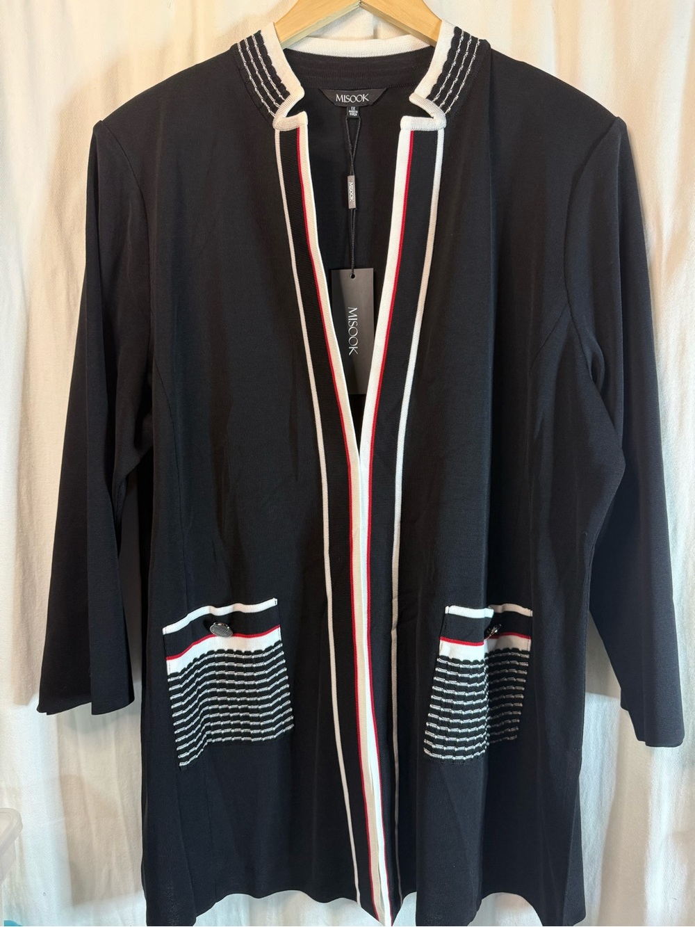 Misook Black Open-Front Cardigan with White & Red Trim